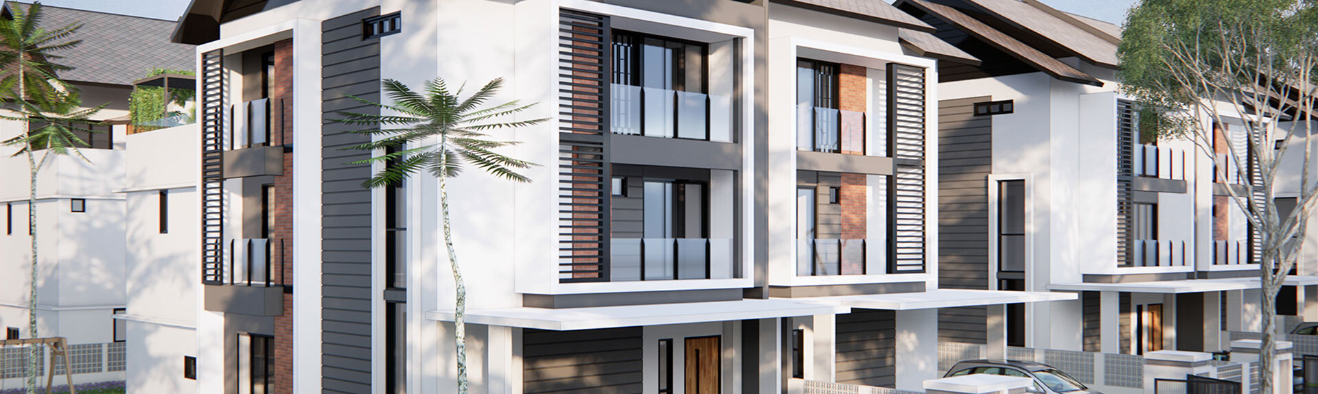 Row of modern detached houses with large windows, balconies, and parked cars in front.