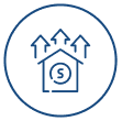 Icon of a house with a dollar sign and upward arrows indicating increasing home value or real estate growth.