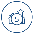 Icon of a money bag with a dollar sign, accompanied by arrows pointing up inside a circle outline.
