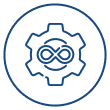 Blue gear icon with an infinity loop symbol inside, enclosed by a circular border.