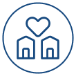 Icon of two houses connected by a heart symbol inside a circle, representing home or real estate love.