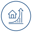Icon of a house with an upward trending arrow and bar chart inside a circle, symbolizing real estate growth or rising property values.