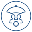 Icon of two people under an umbrella with a gear symbol, representing teamwork and protection.