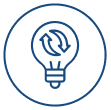 Blue outlined lightbulb icon with two arrows forming a circle inside.