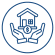 Outline of two hands holding a house with a roof and chimney inside a circular border.