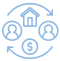 Icon representing global communication with dollar signs, people, and a house connected by circular arrows around a globe.